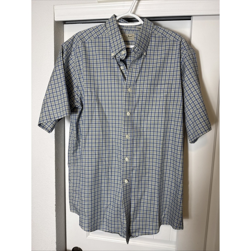 L. L. Bean Mens Casual Button Down Shirt Plaid Short Sleeve Cotton Large Regular